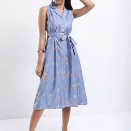 Vishudh Spread Collar Floral Printed Tie Up A-Line Midi Dress-picture-30