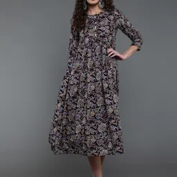 antaran Floral Printed Round Neck Gathered Pure Cotton Fit & Flare Midi Dress-picture-36