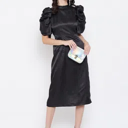 Zastraa Puff Sleeve Crepe Sheath Midi Dress-picture-14