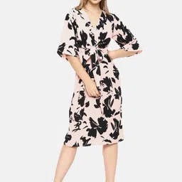 Campus Sutra Women Peach-Coloured Floral Printed Crepe Midi Dress-image-91
