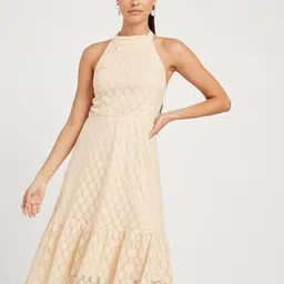 Styli Off White Sleeveless Halter Neck Lace Insert A-Line Midi Dress-image-13