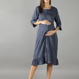NIGHTSPREE Women Blue Striped Maternity A-Line Midi Dress-image-91