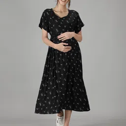 NIGHTSPREE Black Floral Maternity And Feeding Dress. A-Line Midi Dress-image-42