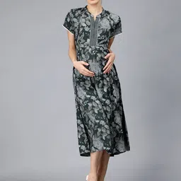 NIGHTSPREE Floral Printed Mandarin Collar Maternity Fit & Flare Midi Dress-picture-20