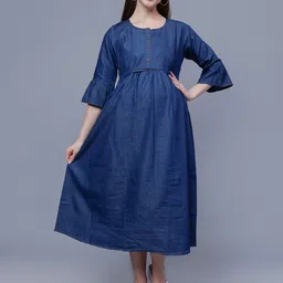 NIGHTSPREE Round Neck Bell Sleeve Denim Cotton Maternity Fit & Flare Midi Dress-picture-25