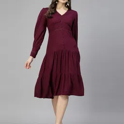 aayu V-Neck Long Cuffed Sleeves Fit and Flare Dress-picture-20