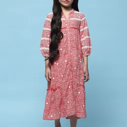 Biba Girls Floral Print Mandarin Collar Three-Quarter Puff Sleeve Cotton A-Line Midi Dress-picture-41