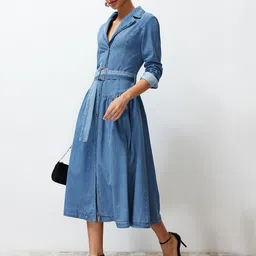 Trendyol Shirt Collar Cuffed Sleeve Belted Pure Cotton Shirt Dress-image-12