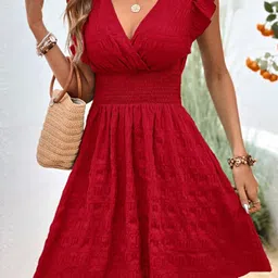 StyleCast Red V-Neck Smocked Casual Fit & Flare Mini Dress-picture-34