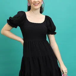 Tokyo Talkies Black Puff Sleeve Dobby Tiered Fit & Flare Mini Dress With Back Cut-Out-picture-37