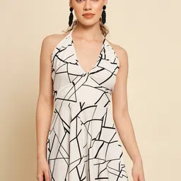 BAESD Abstract Printed Tie-up Neck Fit & Flare Mini Dress image 1