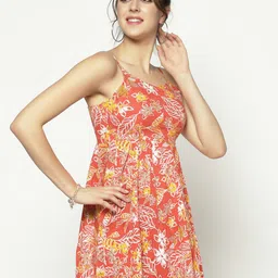Sera Coral-Color & White Floral Printed Fit & Flare Mini Dress-image-42
