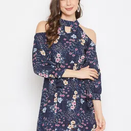DELAN Women Navy Blue Floral Printed A-Line Cotton Mini Dress-picture-28