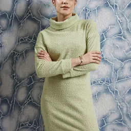 Athena Olive Green Self Design Turtle Neck Sheath Dress-picture-20