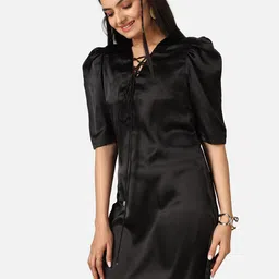 NEOFAA Tie-Up Neck Puff Sleeve Satin Sheath Mini Dress-picture-41