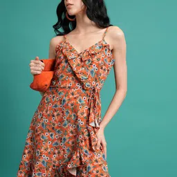 Tokyo Talkies Orange Floral Printed Ruffled Tie Up Mini Dress-picture-10