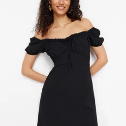 Trendyol Black Off-Shoulder Puff Sleeve A-Line Mini Dress-picture-37