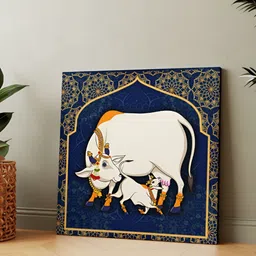 Casperme Blue Canvas Kamdhenu Cow Birds and Animals Wall Art-image-7