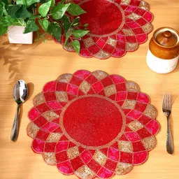 YWULY Red & Pink 2 Pieces Floral Printed Beaded Table Placemats-picture-11