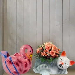 Garden Deco 2-Pcs Pink & White Printed Cat & Swan Ceramic Planters-picture-39