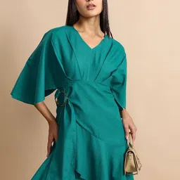 Tokyo Talkies Teal Flared Sleeves V-Neck Wrap Dress-picture-20