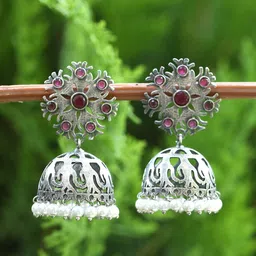Sangria Red Silver-Plated Stone Studded Oxidised Jumkas-picture-33