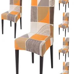 HOKIPO Orange Colored & Beige 6 Pieces Printed Stretchable Chair Covers-picture-19