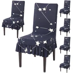 HOKIPO Navy Blue & White 6 Pieces Printed Stretchable Frill Chair Covers-image-51
