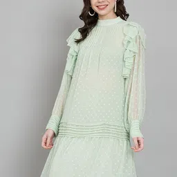 Amagyaa Self Design Mock Neck Drop-Waist Flared Dress-picture-17