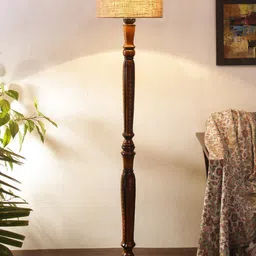 Devansh Beige & Brown Traditional Wood Floor Lamp With Jute Cylindrical Shade image 1