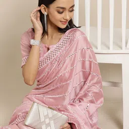 Mitera Pink Embellished Mirror Work Heavy Work Saree-image-36