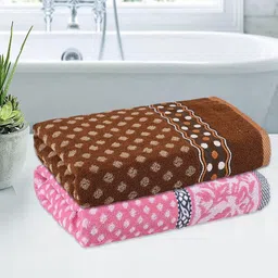 Kuber Industries Pink & Brown 2 Pieces Printed Cotton 150 GSM Bath Towel image 1
