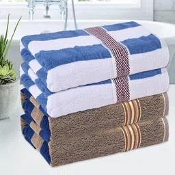 Kuber Industries Cream-Coloured & Blue 4 Pieces Striped Cotton 144 GSM Bath Towel image 1