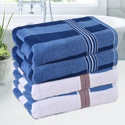 Kuber Industries White & Blue 4 Pieces Striped Cotton 150 GSM Bath Towel image 1
