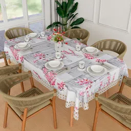 Kuber Industries Grey Floral Waterproof Plastic 6-Seater Table Cover with Textured details image 1