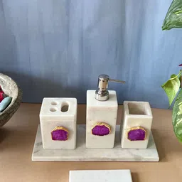 HOMEARTE White & Pink 5 Pieces Stoneware Bath Accessories Set-image-13