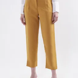 CENTRESTAGE Women Mustard Yellow Solid Pleated Cropped Trousers-picture-19