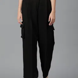 Kotty Women Black Straight Fit High-Rise Pleated Cargos-image-21