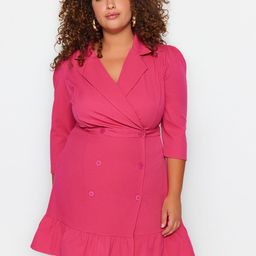 Trendyol Plus Size Notched Lapel Collar Puff Sleeves Wrap Above Knee Dress-picture-4