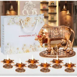 INTERNATIONAL GIFT Brown Cow & Calf Statue With Diya Gift Set-image-30