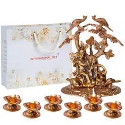 INTERNATIONAL GIFT Brown Textured Radha Krishna Tree God Statue With Diya-image-28