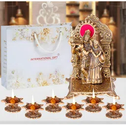 INTERNATIONAL GIFT Brown 7 Pieces Textured Radha Krishna Statue With Diyas-image-15
