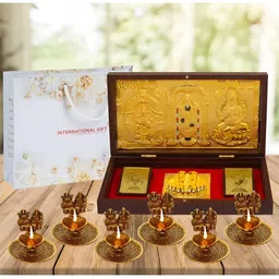 INTERNATIONAL GIFT Brown & Gold Toned Tirupati Balaji With Charan Paduka & Diya Gift Set-image-23