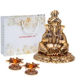 INTERNATIONAL GIFT Brown Brass Ganesh Statue & Diya-image-0