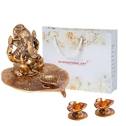 INTERNATIONAL GIFT Brown Leaf Ganesha Idol With Diya Gift Set-image-63