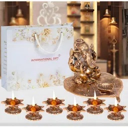 INTERNATIONAL GIFT Brown Textured Leaf Ganesh God Idol Statue With Jyot Gift Set-image-76