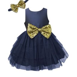 A.T.U.N. Girls Navy Blue & Gold-Toned Solid Net Fit & Flare Dress-picture-34