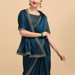 Sangria Teal & Gold-Toned Satin Saree-image-41