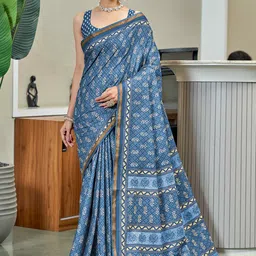 HERE&NOW Ajrak Block Zari Pure Cotton Bagru Saree-picture-27