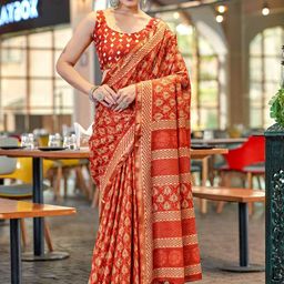 HERE&NOW Ajrak Printed Pure Cotton Bagru Saree-picture-2